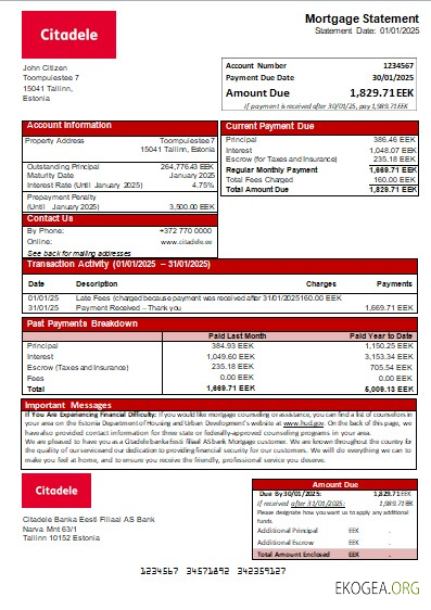 Estonie Citadele banka Eesti filiaal AS relevé hypothécaire bancaire scr